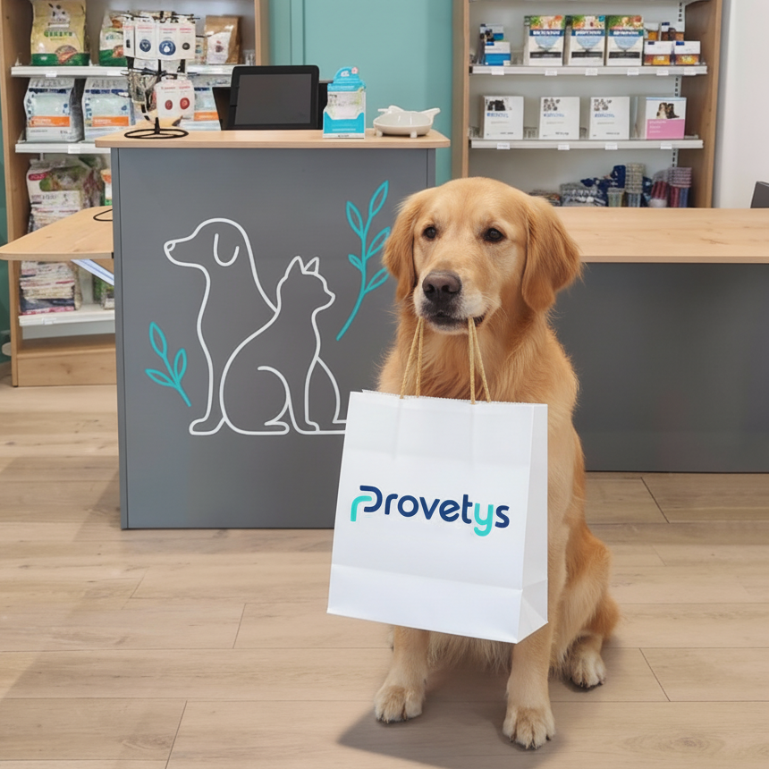 Chien qui fait du click and collect dans la boutique provetys à Tours