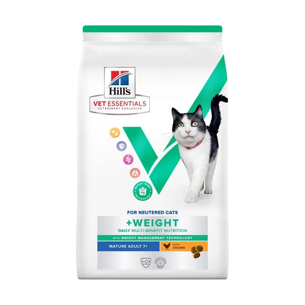 [15685] HILL'S VET ESSENTIALS For Neutered Cats +Weight Daily Multi-Benefit Mature Adult 7+ au poulet pour chat - Sac de 1,5 kg