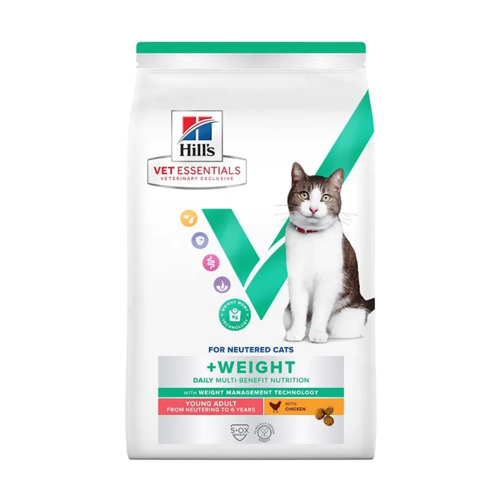 [15834] HILL'S VET ESSENTIALS For Neutered Cats +Weight Daily Multi-Benefit Young Adult from Neutering to 6 years au poulet pour chat - Sac de 1,5 kg