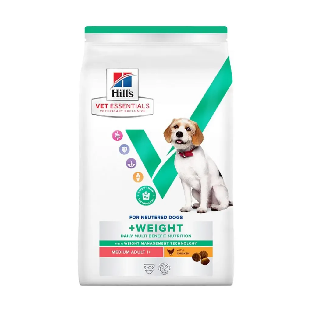 [15850] HILL'S VET ESSENTIALS For Neutered Dogs +Weight Daily Multi-Benefit Medium Adult 1+ au poulet pour chien - Sac de 10 kg