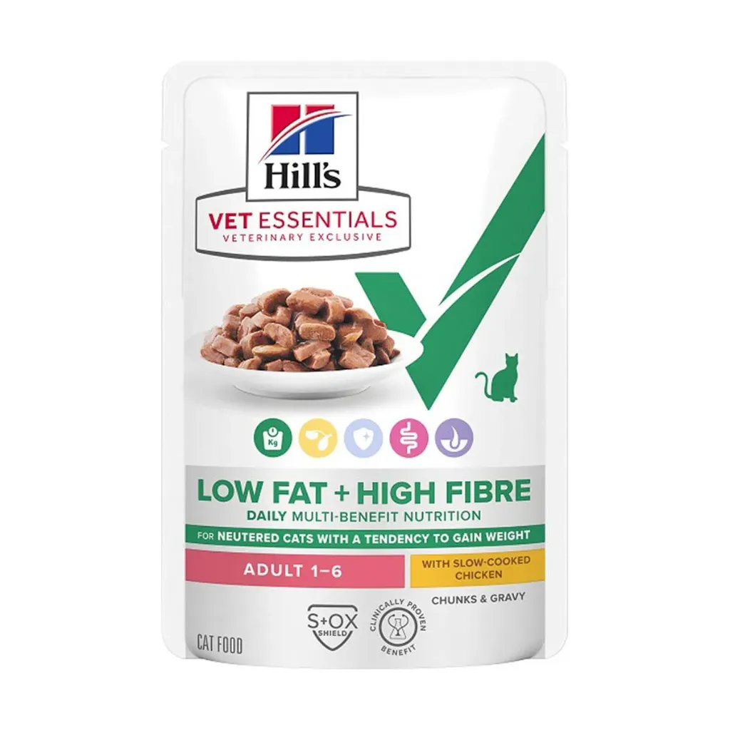 [15937] HILL'S VET ESSENTIALS Low Fat + High Fibre Daily Multi-Benefit For Neutered Cats Adult 1-6 au poulet pour chat - 12 Sachets de 85 g