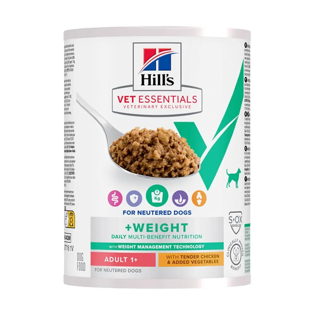 HILL'S VET ESSENTIALS For Neutered Dogs +Weight Daily Multi-Benefit Adult 1+ au poulet & légumes pour chien - 12 boîtes de 363 g