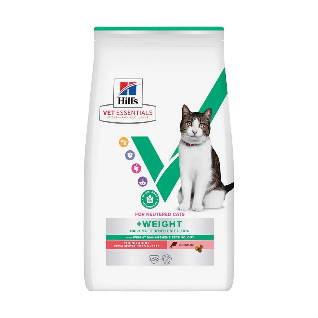 HILL'S VET ESSENTIALS For Neutered Cats +Weight Daily Multi-Benefit Young Adult from Neutering to 6 years au saumon pour chat - Sac de 3 kg