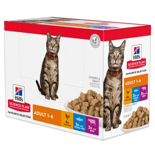 HILL'S SCIENCE PLAN Bouchées Favourite selection Adult 1-6 au poulet, au boeuf & au poisson pour chat - 12 sachets de 85 g