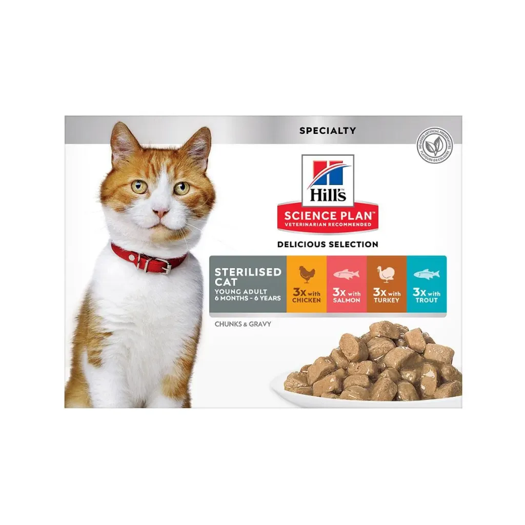 [85933] HILL'S VET ESSENTIALS Sterilised Cat Young Adult 6 mois - 6 ans au poulet, saumon, dinde & truite pour chat - 12 sachets de 85 g
