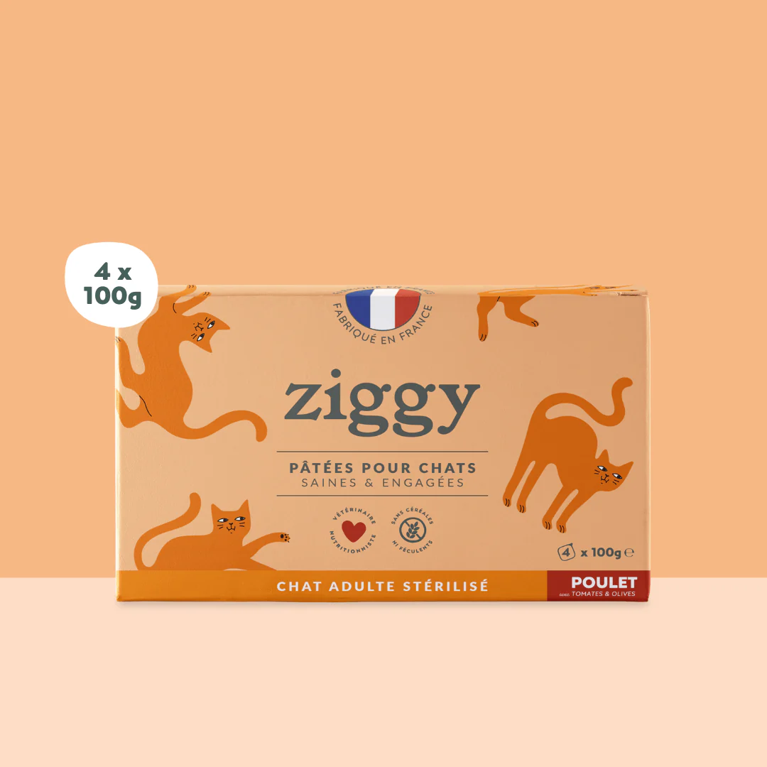 ZIGGY Pâtée Chat Stérilisé Sans Céréales Poulet, Tomates & Olives - 4x100g