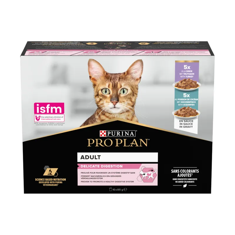 [31125] PURINA PRO PLAN Delicate Digestion Adult à la dinde et au poisson pour chat - Boite de 10 sachets de 85 g
