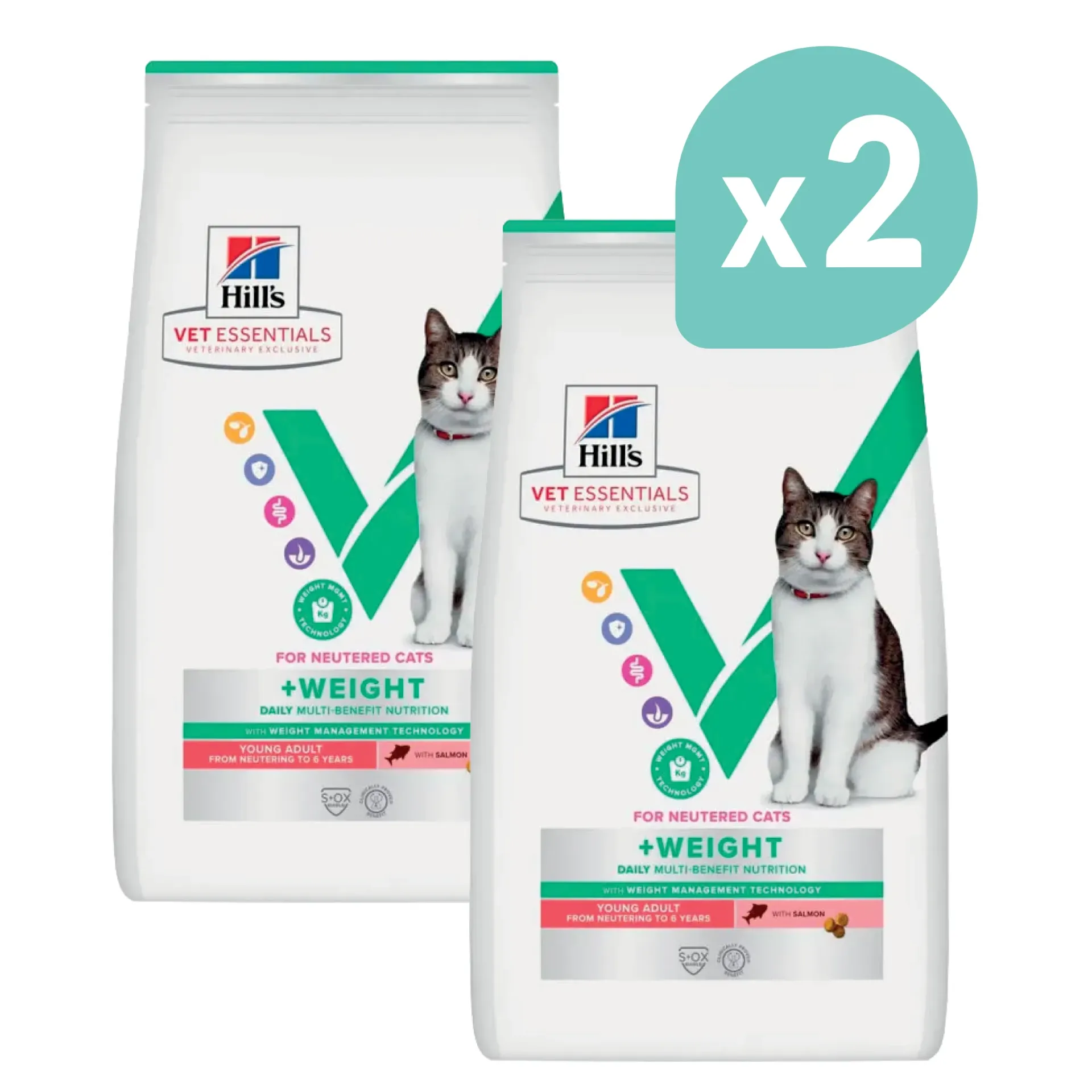 HILL'S VET ESSENTIALS For Neutered Cats +Weight Daily Multi-Benefit Young Adult from Neutering to 6 years au saumon pour chat - 2x3kg