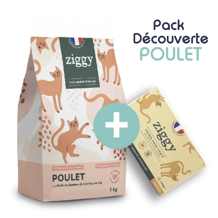 Pack Découverte Poulet - ZIGGY Croquettes Chat Stérilisé Sans Céréales au Poulet 1kg + ZIGGY Pâtée Chat Stérilisé Sans Céréales Poulet 4x100g