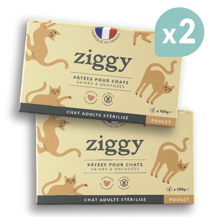 ZIGGY Pâtée Chat Stérilisé Sans Céréales Poulet - 2 lots de 4x100g
