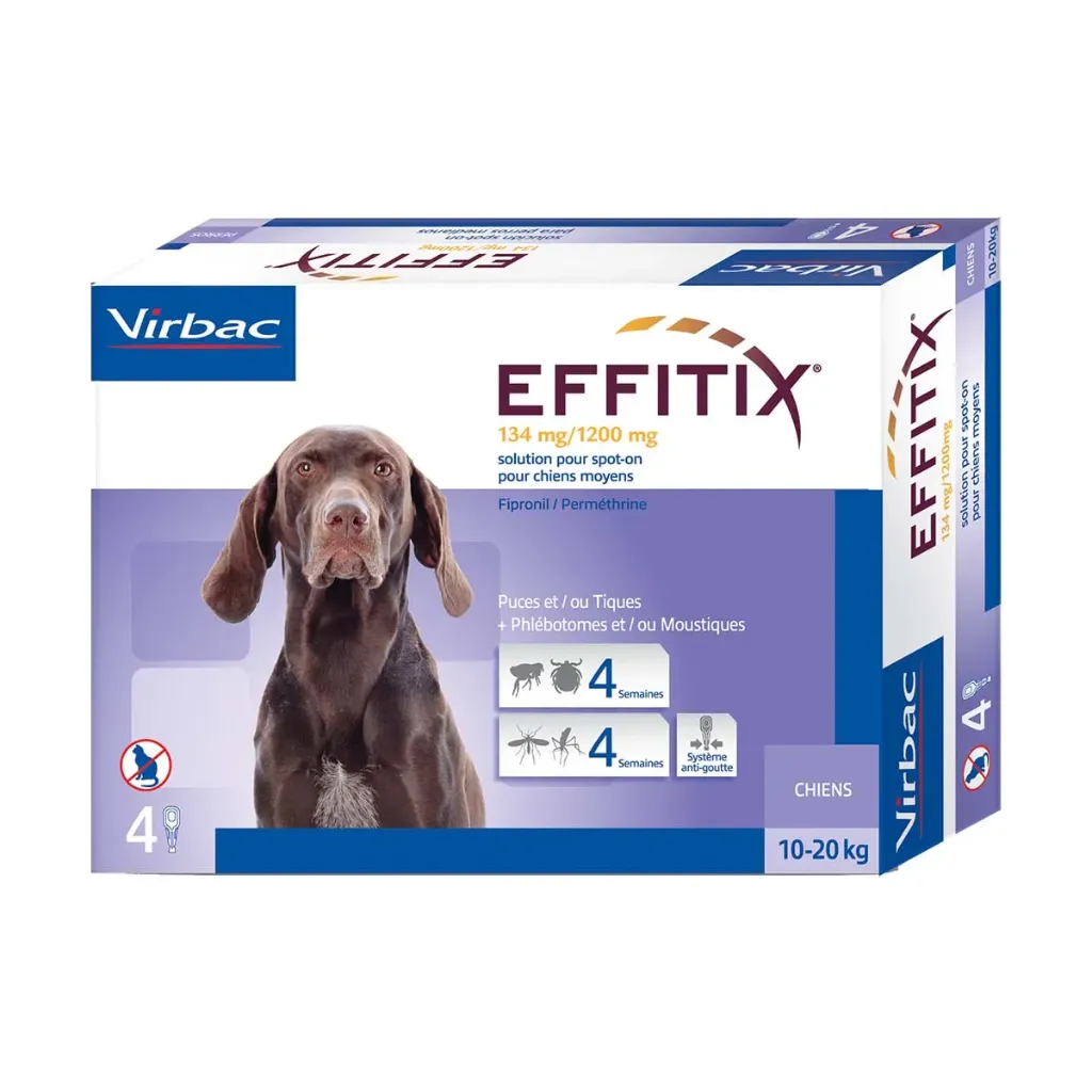 [41757] VIRBAC EFFITIX 134mg/1200mg Spot On Anti-puces & Anti-tiques Moyen 10-20 kg pour chien - Boîte de 4 pipettes