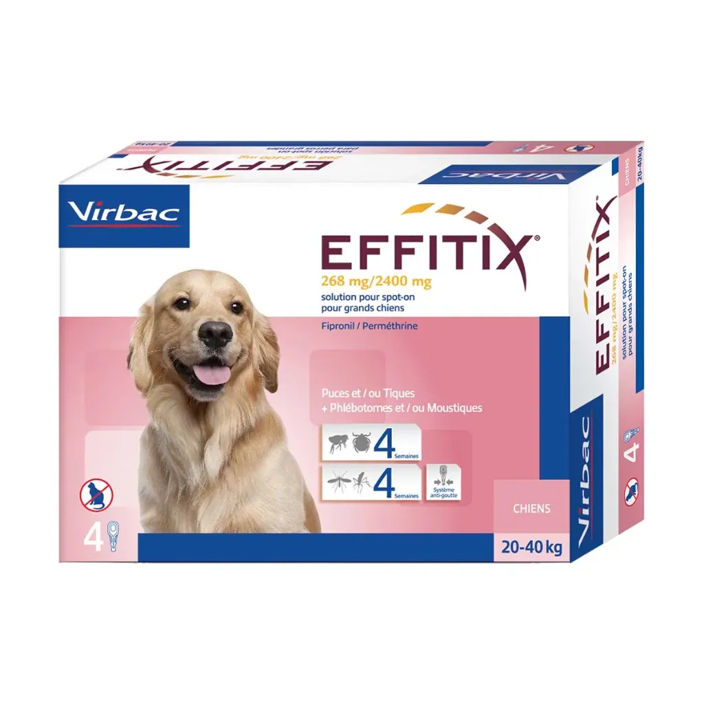 VIRBAC EFFITIX 268mg/2400mg Spot On Anti-puces & Anti-tiques Grand 20-40 kg pour chien - Boîte de 4 pipettes