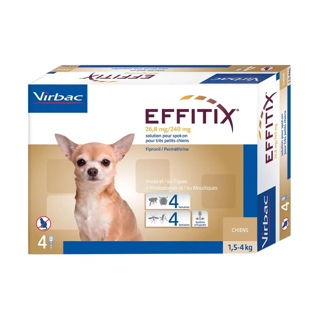 [41871] VIRBAC EFFITIX 26,8mg/240mg Spot On Anti-puces & Anti-tiques Très Petit 1,5-4 kg pour chien - Boîte de 4 pipettes