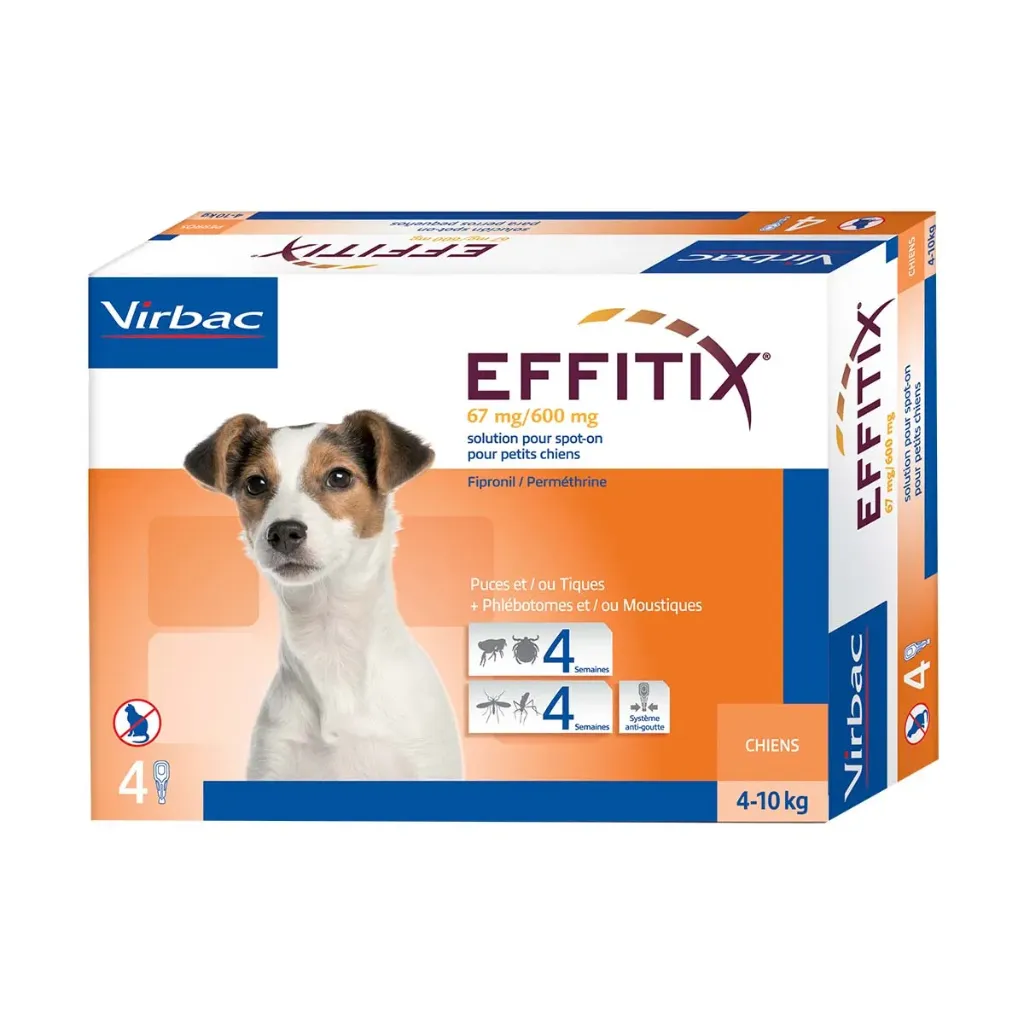VIRBAC EFFITIX 67mg/600mg Spot On Anti-puces & Anti-tiques Petit 4-10 kg pour chien - Boîte de 4 pipettes
