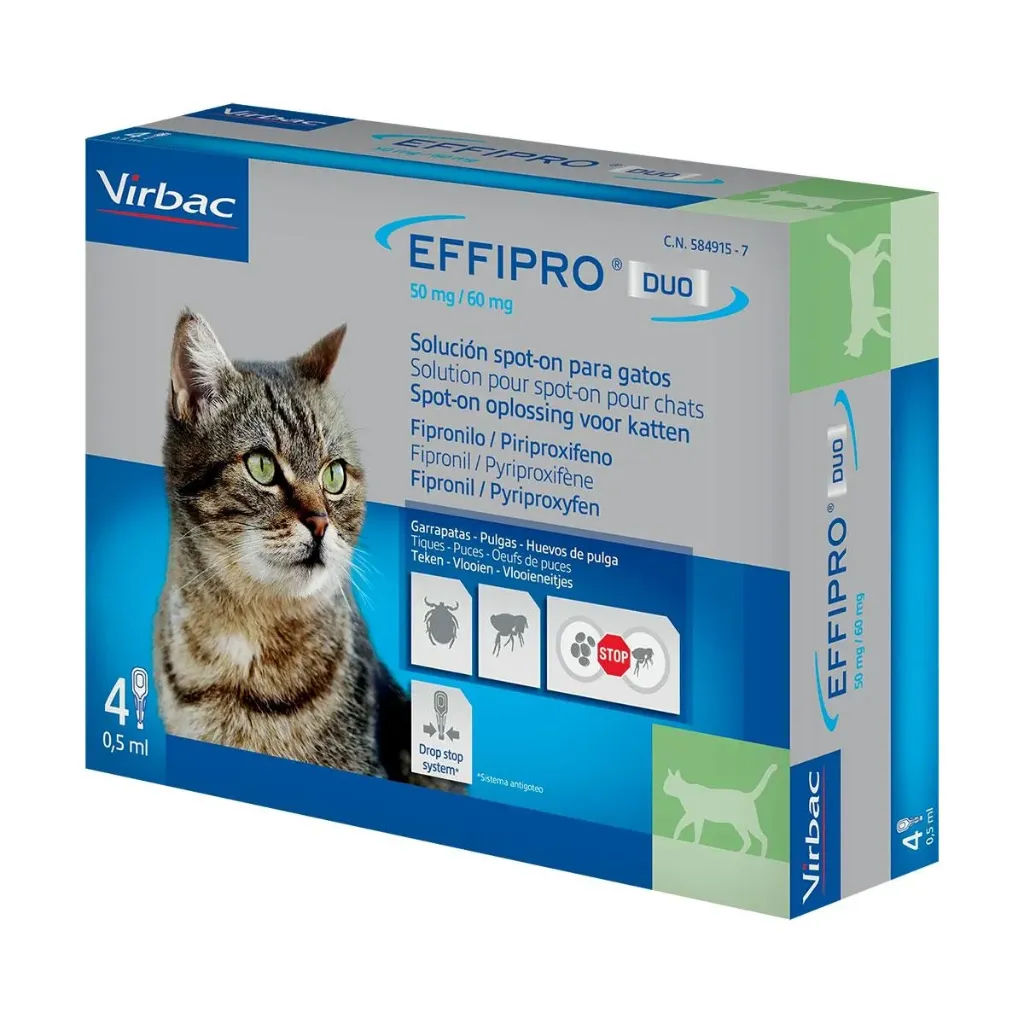 EFFIPRO DUO 50 MG/60 MG SOLUTION POUR SPOT-ON POUR CHATS - Boîte de 4 pipettes de 0,5 mL