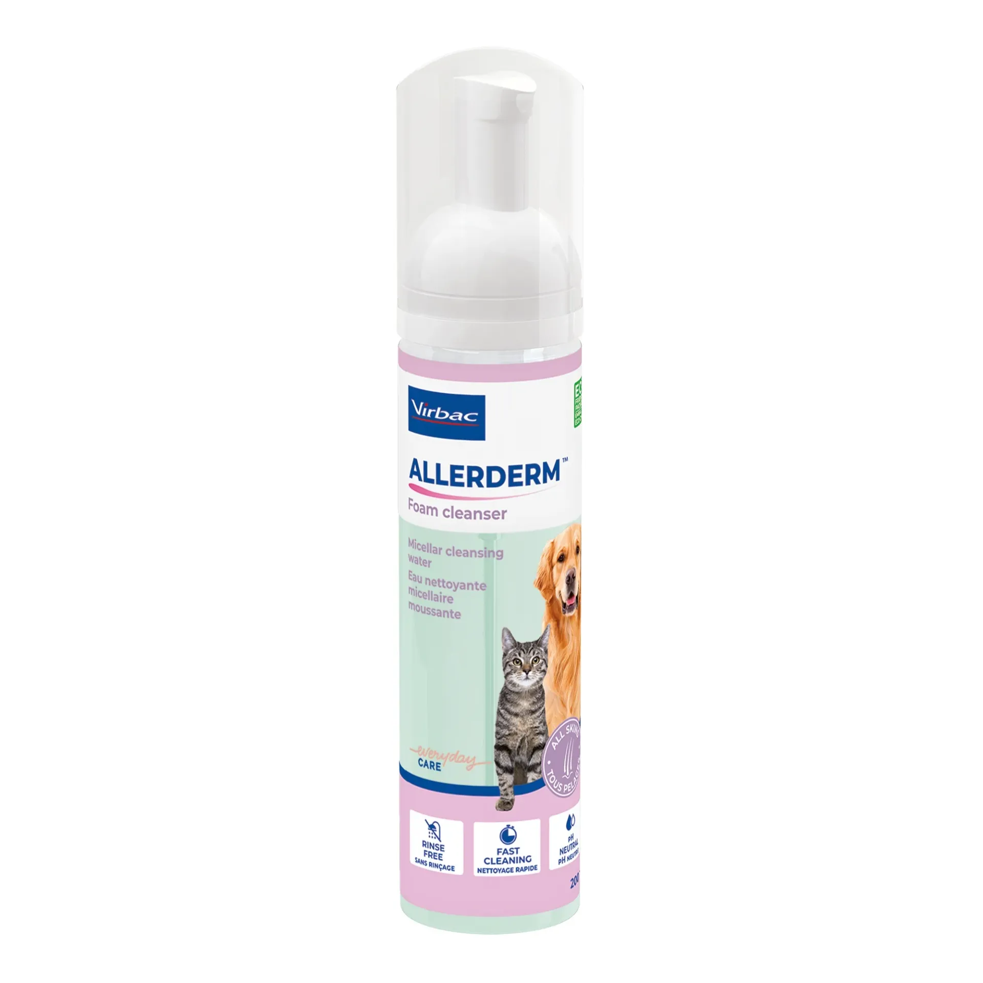 VIRBAC ALLERDERM Foam Cleanser Mousse nettoyante micellaire pour chien chat - Flacon de 200 ml