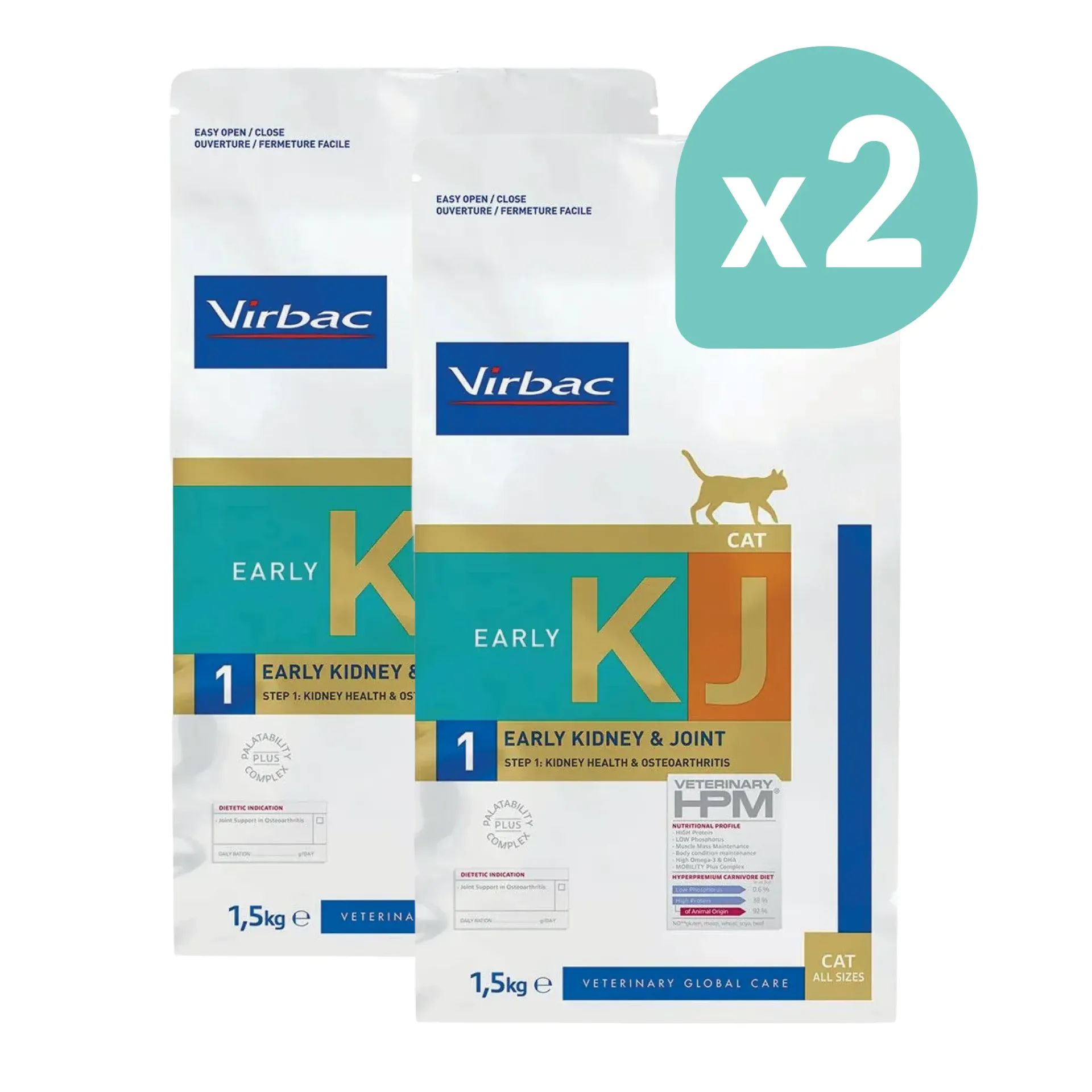 VIRBAC VETERINARY HPM KJ Early 1 Early Kidney & Joint Step 1 Kidney Health & Osteoarthritis pour chat - 2x1,5 kg