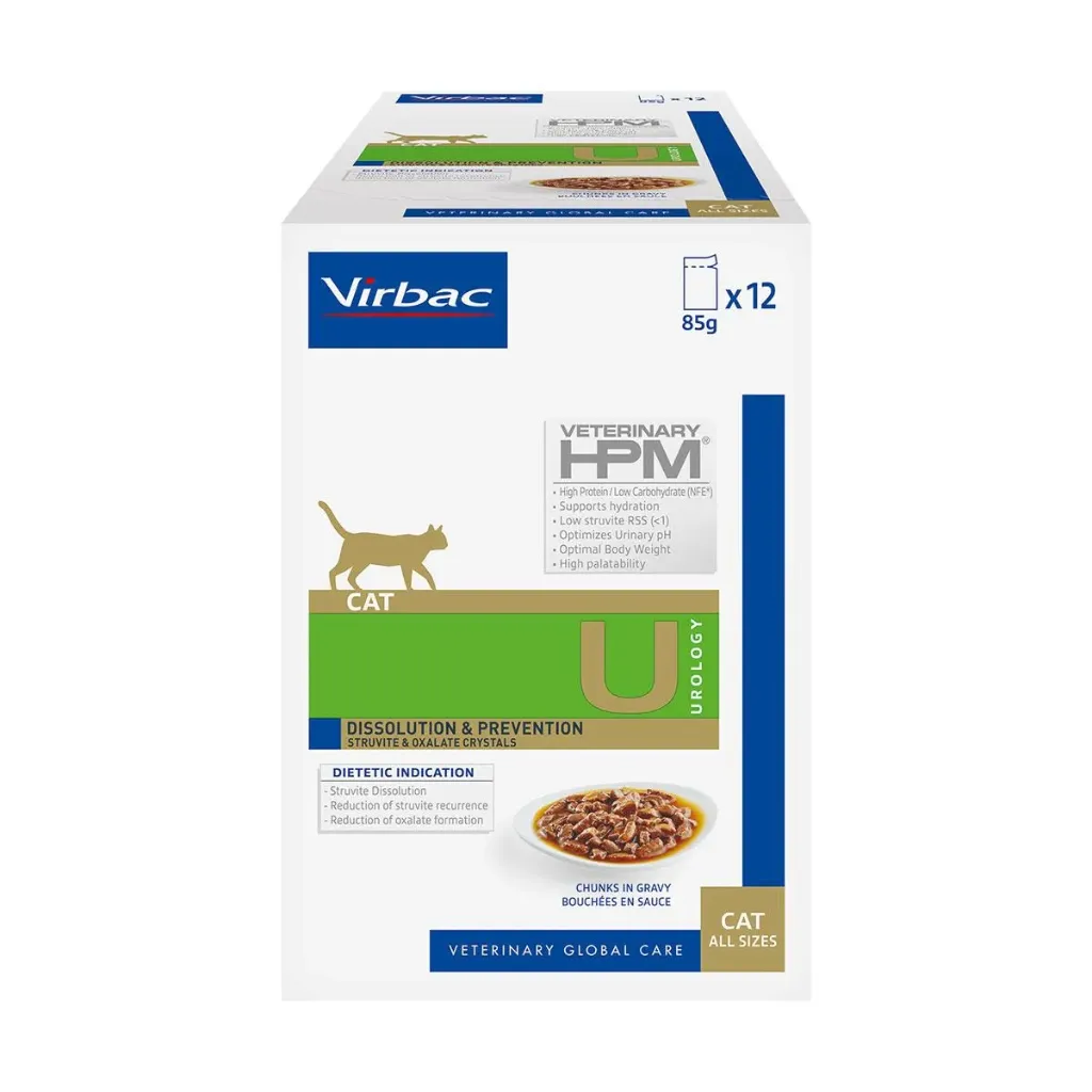 VIRBAC VETERINARY HPM U Urology Dissolution & Prevention Struvite & Oxalate Crystals au poulet pour chat - 12 sachets de 85 g