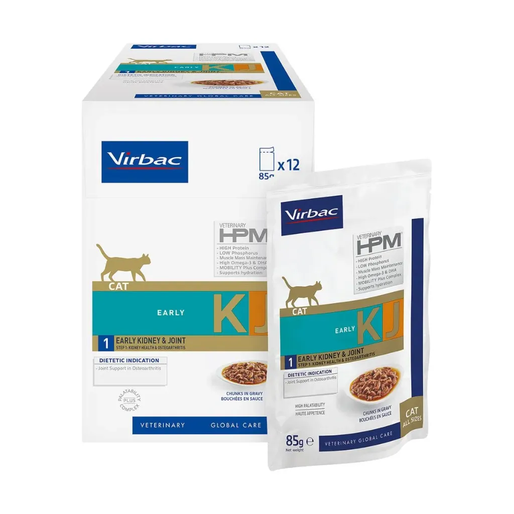 VIRBAC VETERINARY HPM KJ Early 1 Early Kidney & Joint Step 1 Kidney Health & Osteoarthritis pour chat - 12 sachets de 85 g