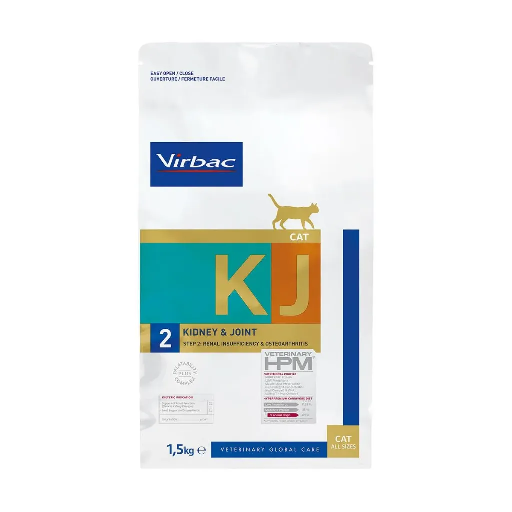 VIRBAC VETERINARY HPM KJ 2 Kidney & Joint Step 2 Renal Insufficiency & Osteoarthritis pour chat - Sac de 1,5 kg