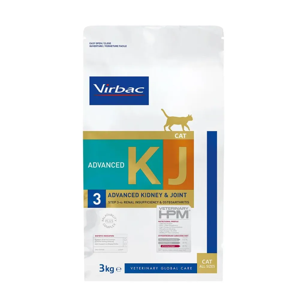 [16363] VIRBAC VETERINARY HPM KJ Advanced 3 Advanced Kidney & Joint Step 3-4 Renal Insufficiency & Osteoarthritis pour chat - Sac de 3 kg