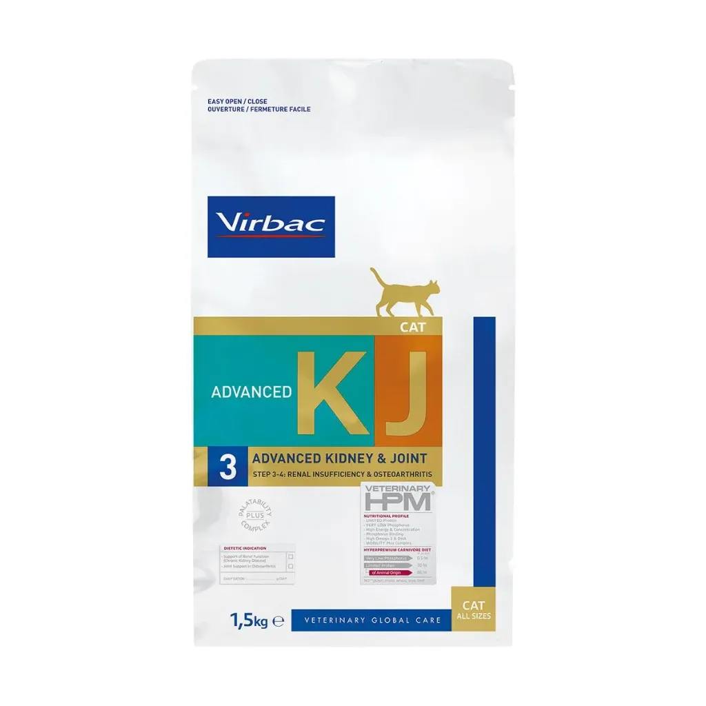 [VIRB-14] VIRBAC VETERINARY HPM KJ Advanced 3 Advanced Kidney & Joint Step 3-4 Renal Insufficiency & Osteoarthritis pour chat - Sac de 1,5 kg