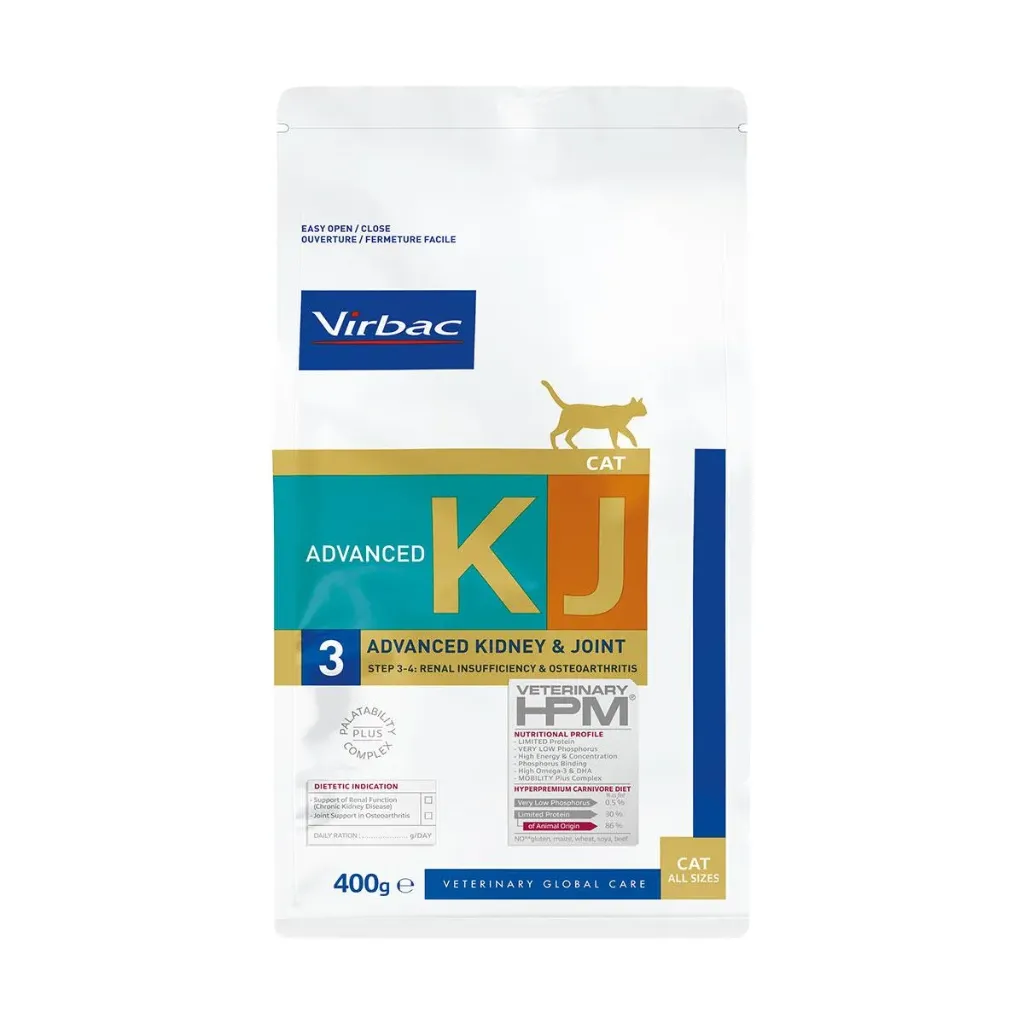 [16365] VIRBAC VETERINARY HPM KJ Advanced 3 Advanced Kidney & Joint Step 3-4 Renal Insufficiency & Osteoarthritis pour chat - Sac de 400 g