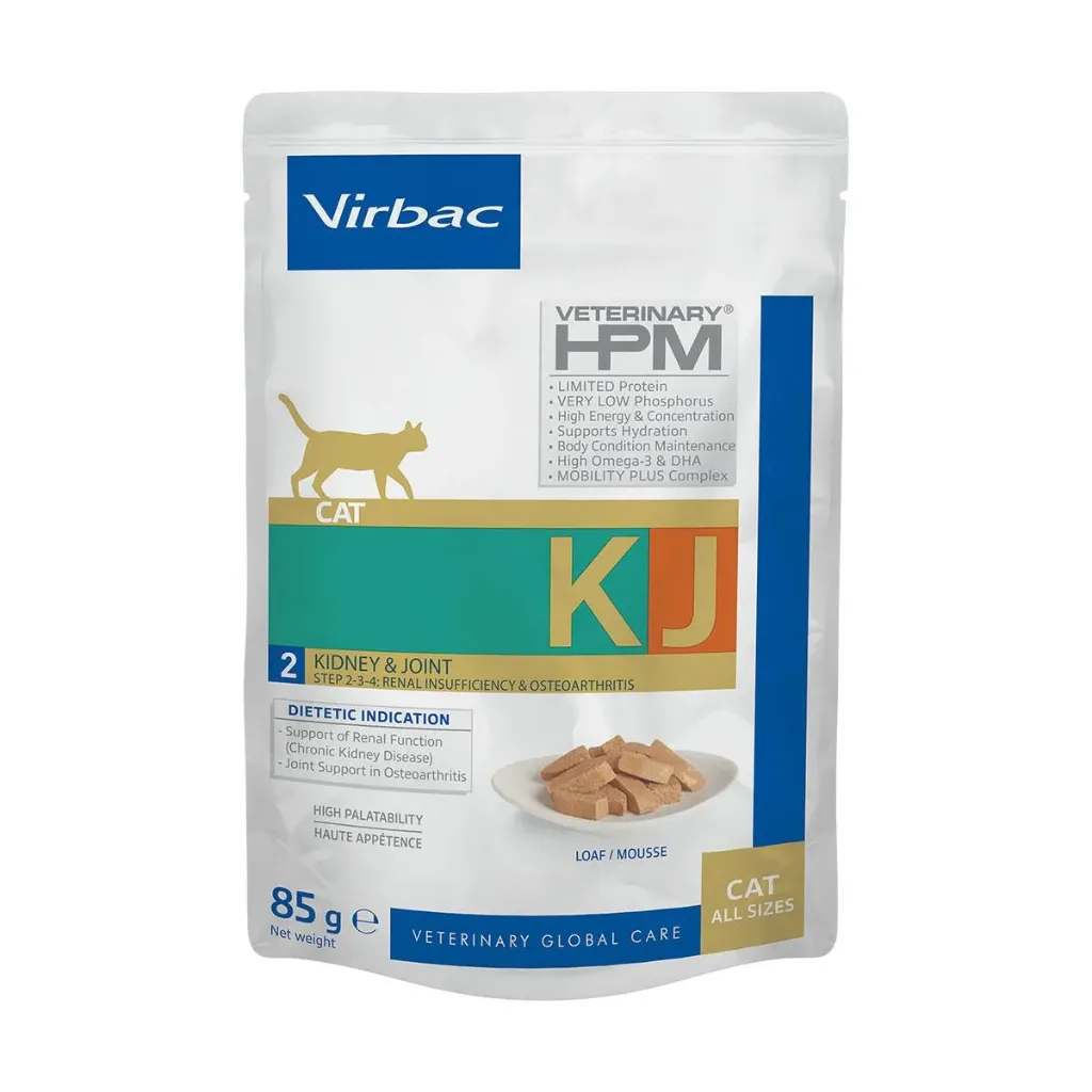 VIRBAC VETERINARY HPM KJ 2 Kidney & Joint Step 2-3-4 Renal Insufficiency & Osteoarthritis pour chat - 12 sachets de 85 g